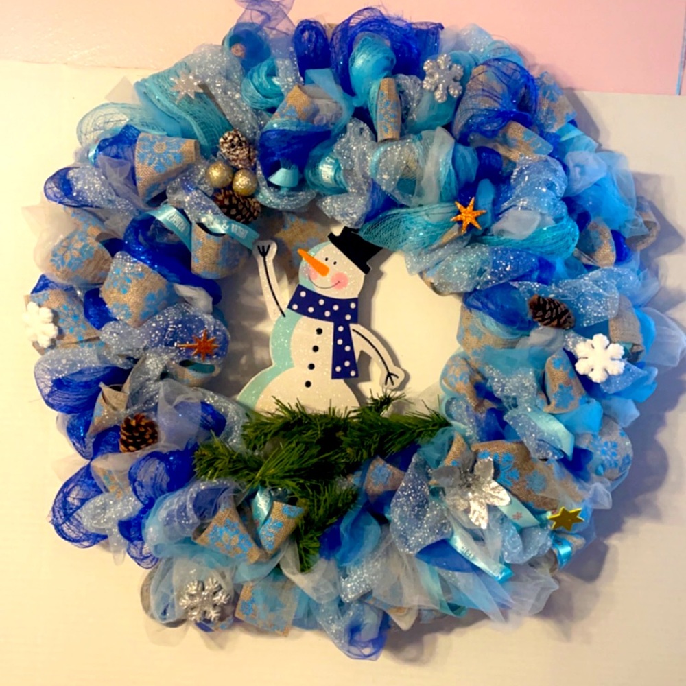 Hand made winter snowman wreath. blue and tan 20inch hy 20 inch